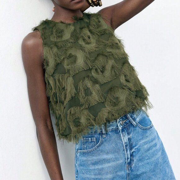 Army Green Bohemian Women's Jacquard Fabric Peplum Camisole - Picture 3 of 7